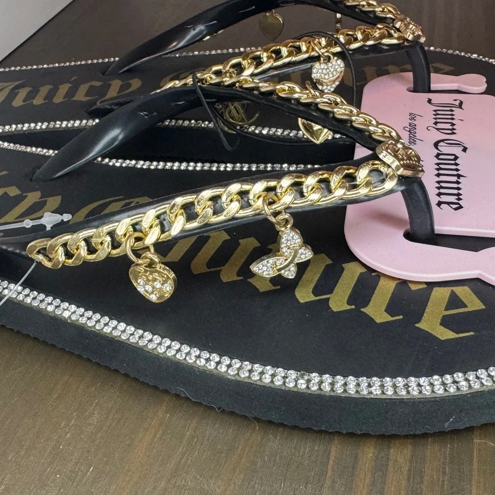 Juicy Couture JC-Solja Flip Flop Sandal Gold Chain Charm Rhinestone Black 8 New